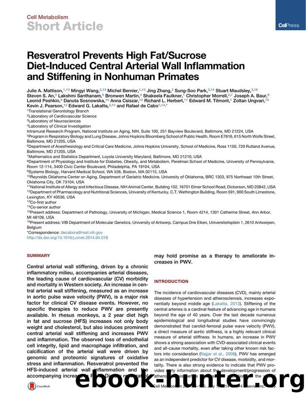Resveratrol Prevents High FatSucrose Diet-Induced Central Arterial Wall Inflammation and Stiffening in Nonhuman Primates by unknow