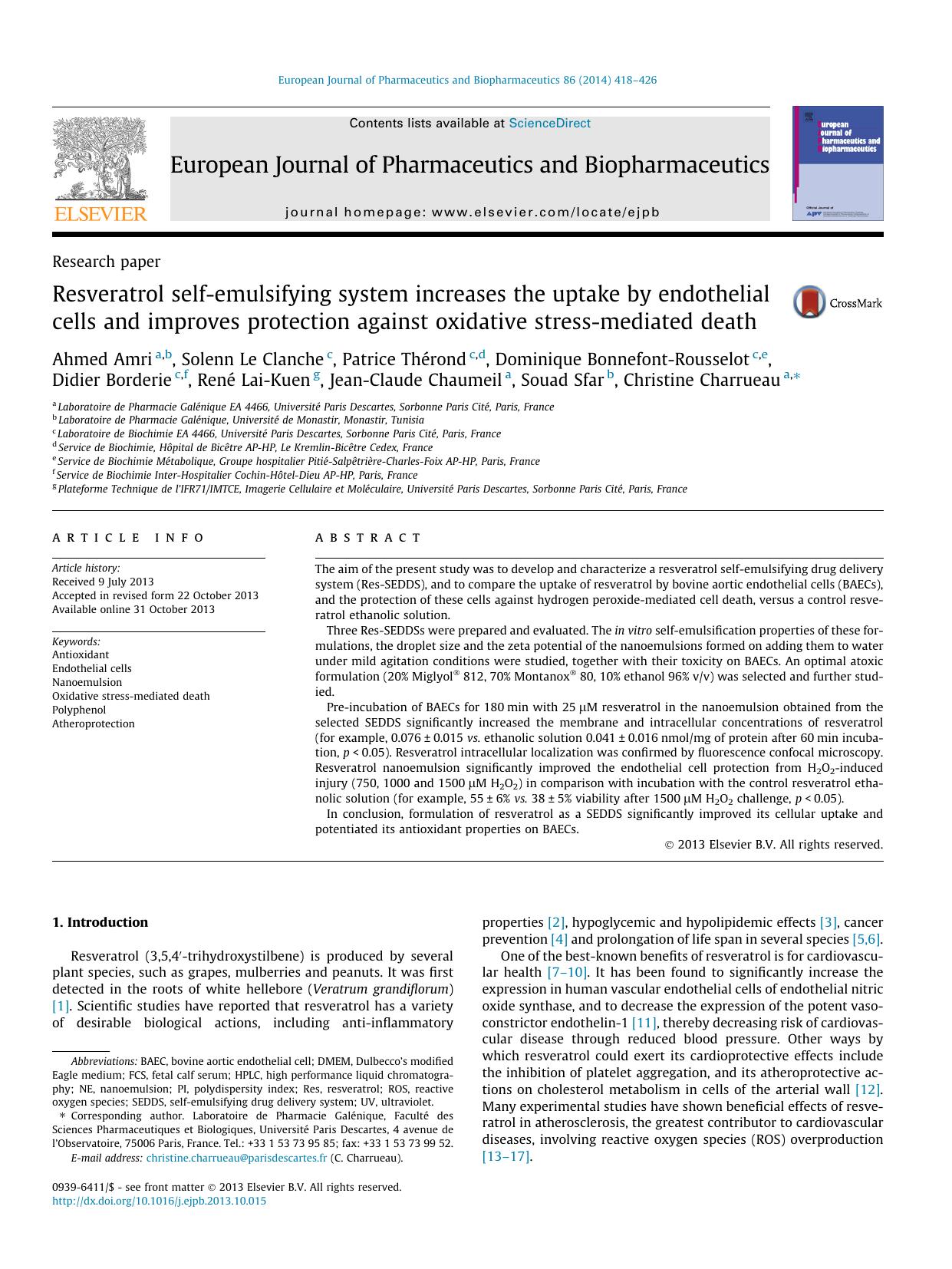 Resveratrol self-emulsifying system increases the uptake by endothelial cells and improves protection against oxidative stress-mediated death by unknow