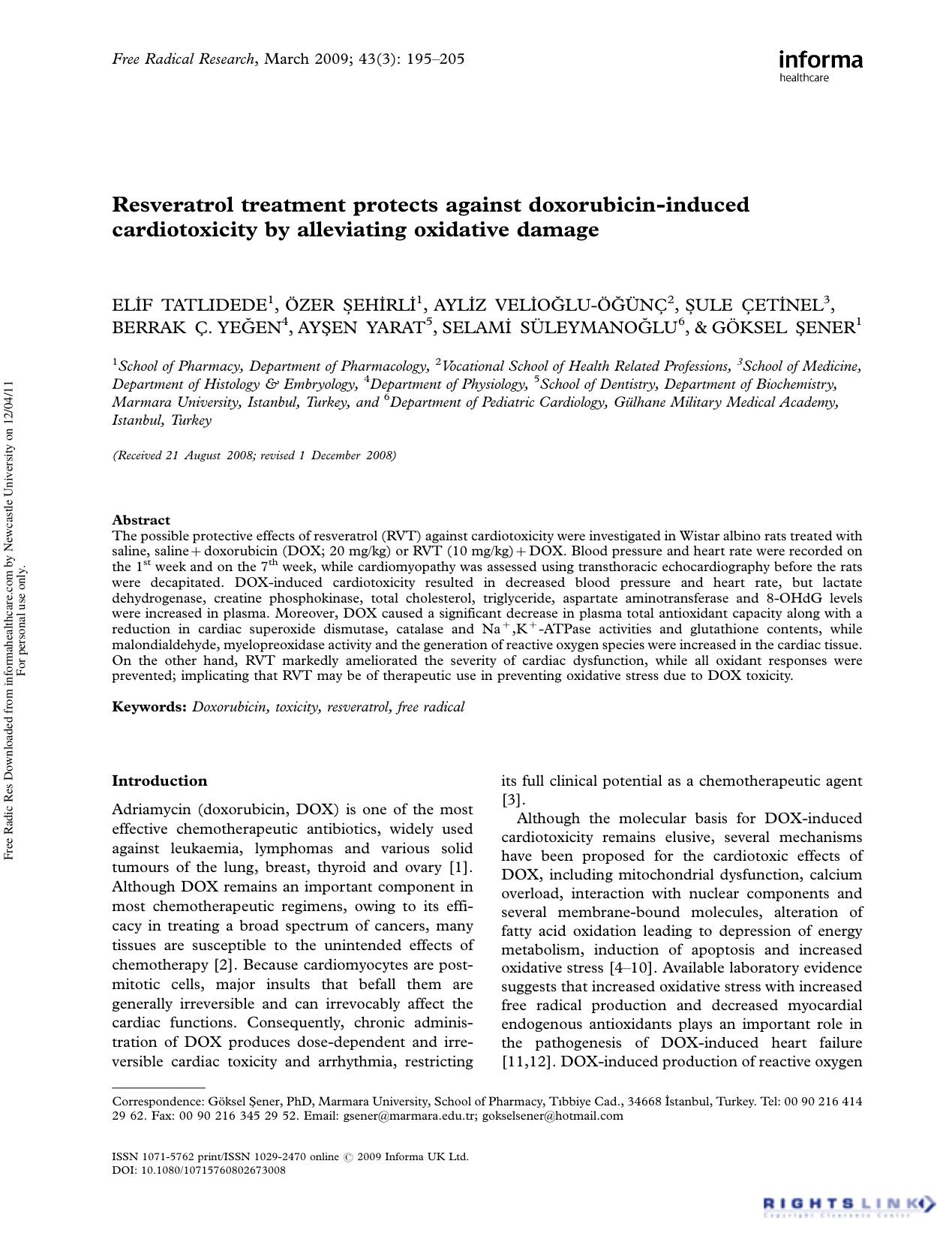 Resveratrol treatment protects against doxorubicin-induced cardiotoxicity by alleviating oxidative damage by unknow
