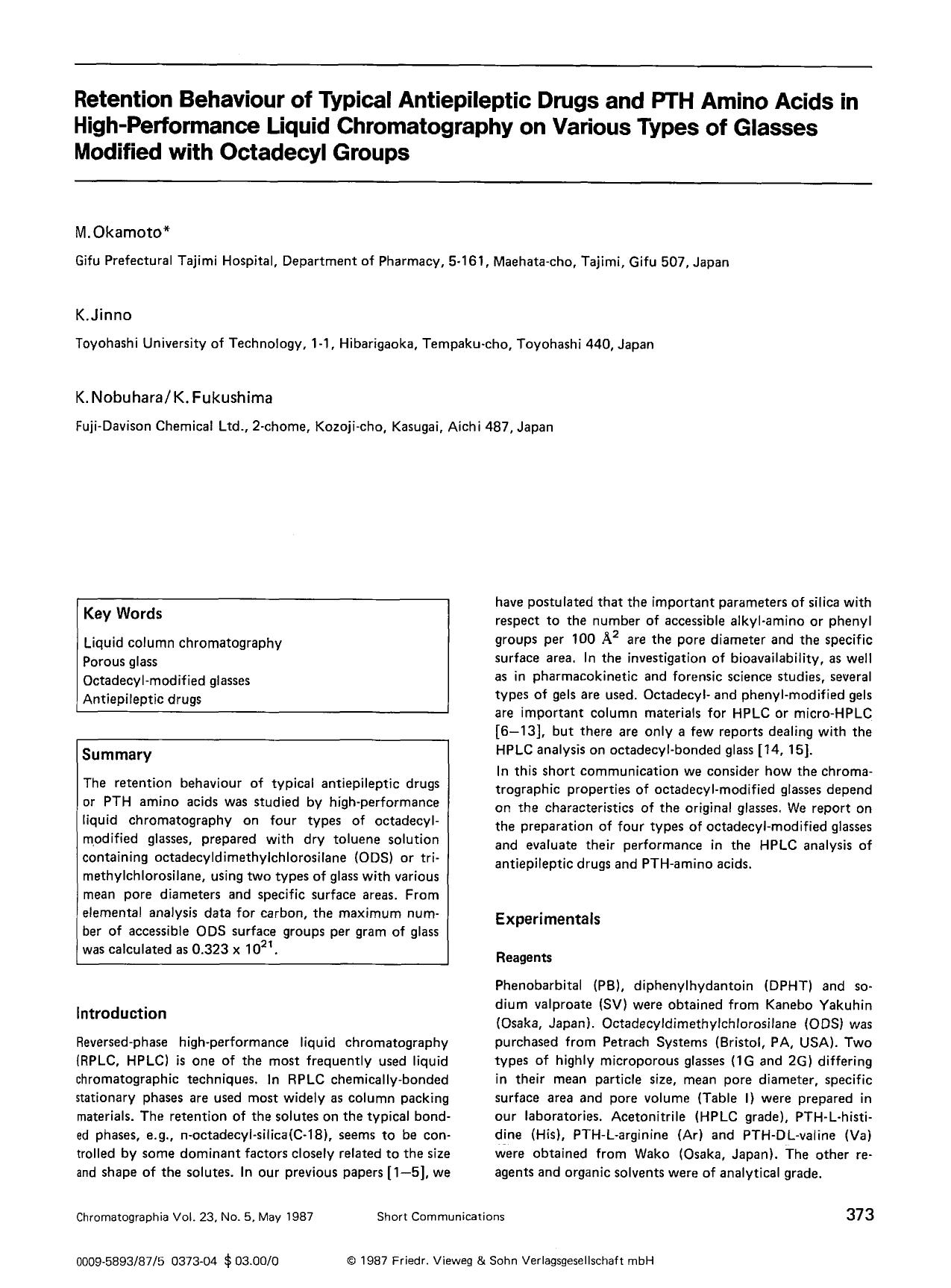 Retention behaviour of typical antiepileptic drugs and PTH amino acids in high-performance liquid chromatography on various types of glasses modified with octadecyl groups by Unknown