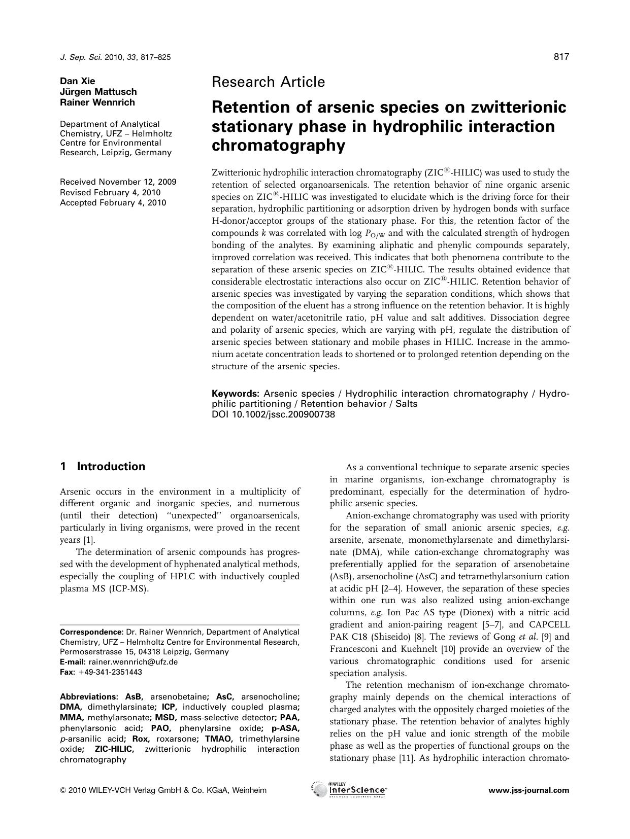 Retention of arsenic species on zwitterionic stationary phase in hydrophilic interaction chromatography by Unknown