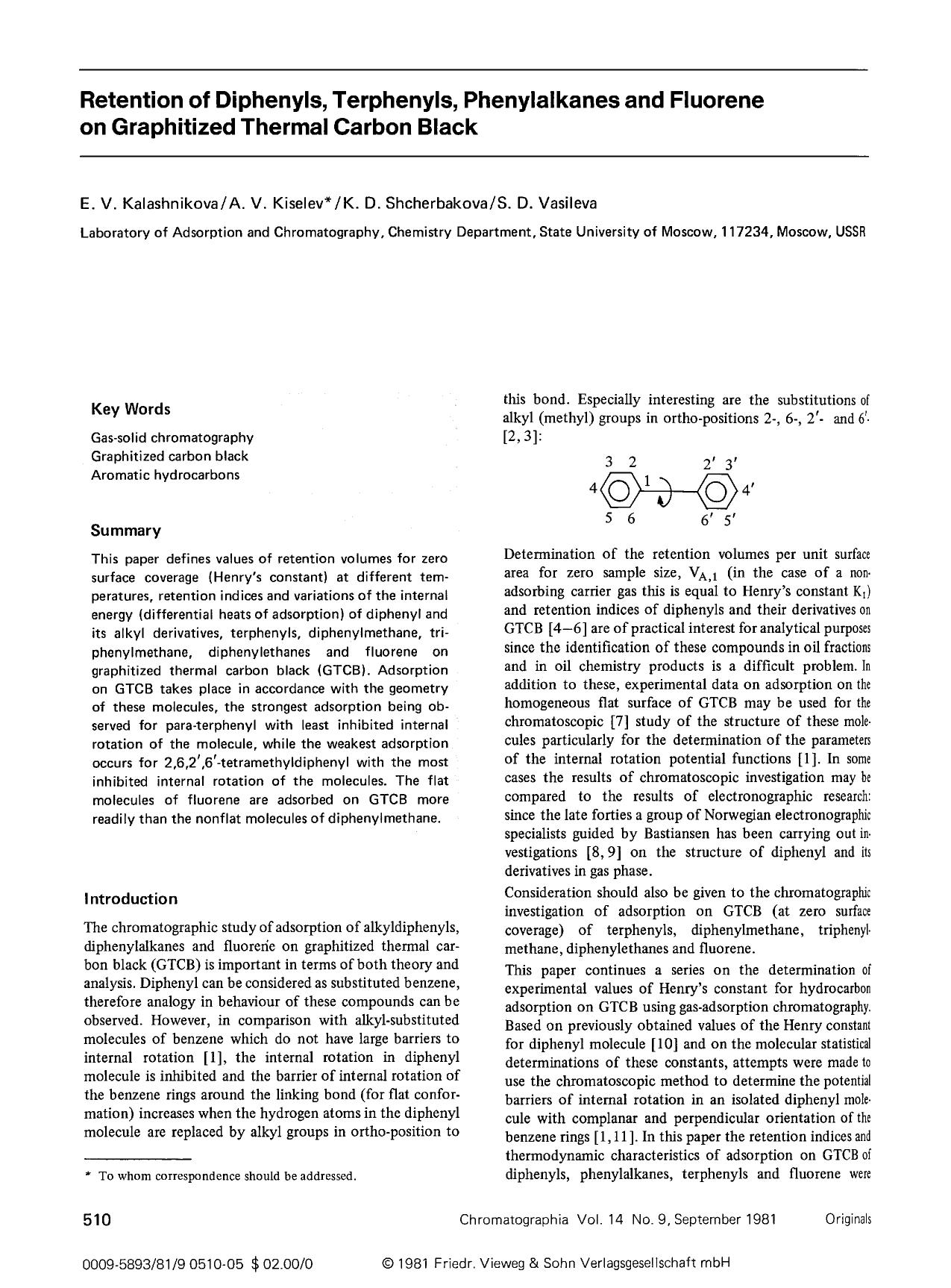Retention of diphenyls, terphenyls, phenylalkanes and fluorene on graphitized thermal carbon black by Unknown