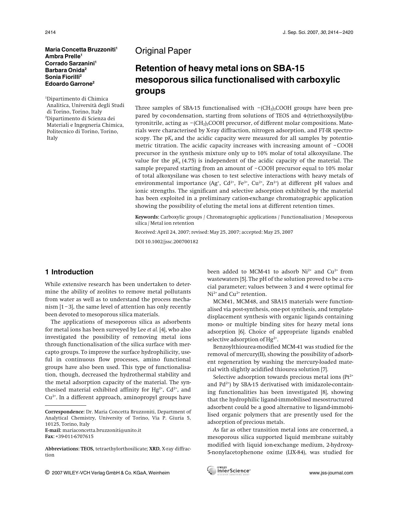 Retention of heavy metal ions on SBA-15 mesoporous silica functionalised with carboxylic groups by Unknown