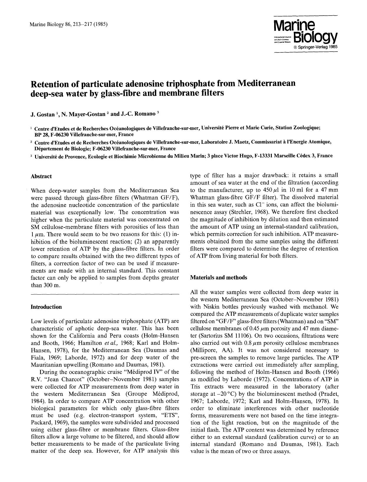 Retention of particulate adenosine triphosphate from Mediterranean deep-sea water by glass-fibre and membrane filters by Unknown