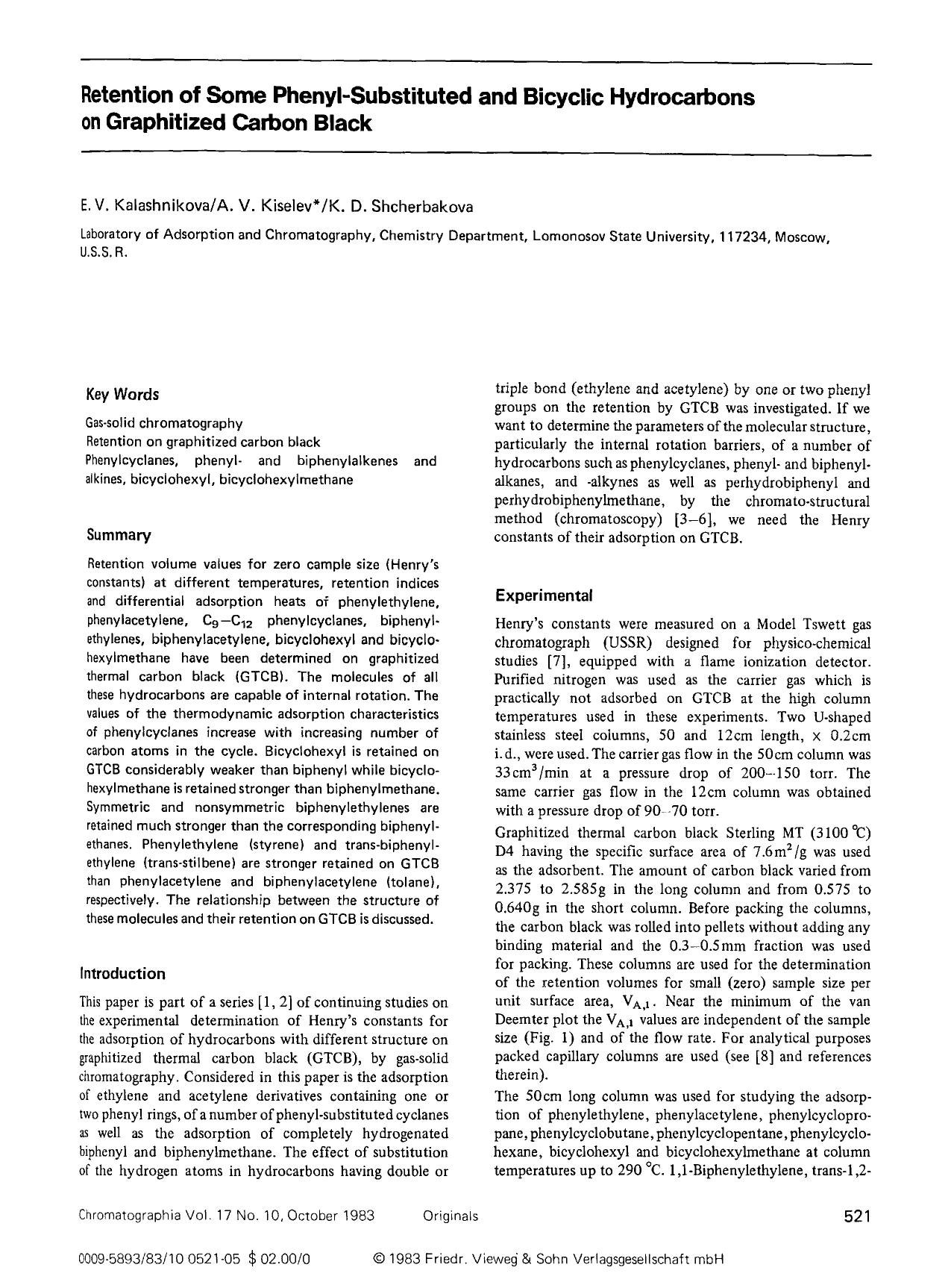 Retention of some phenyl-substituted and bicyclic hydrocarbons on graphitized carbon black by Unknown