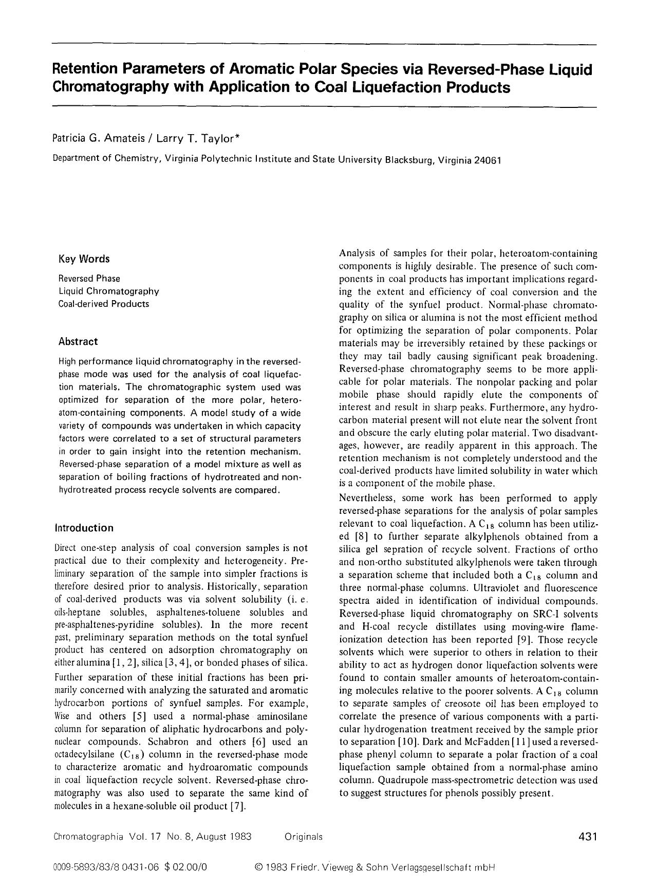 Retention parameters of aromatic polar species via reversed-phase liquid chromatography with application to coal liquefaction products by Unknown