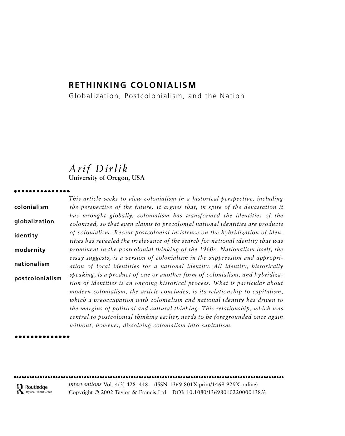 Rethinking Colonialism: Globalization, Postcolonialism, and the Nation by Globalization Postcolonialism & the Nation