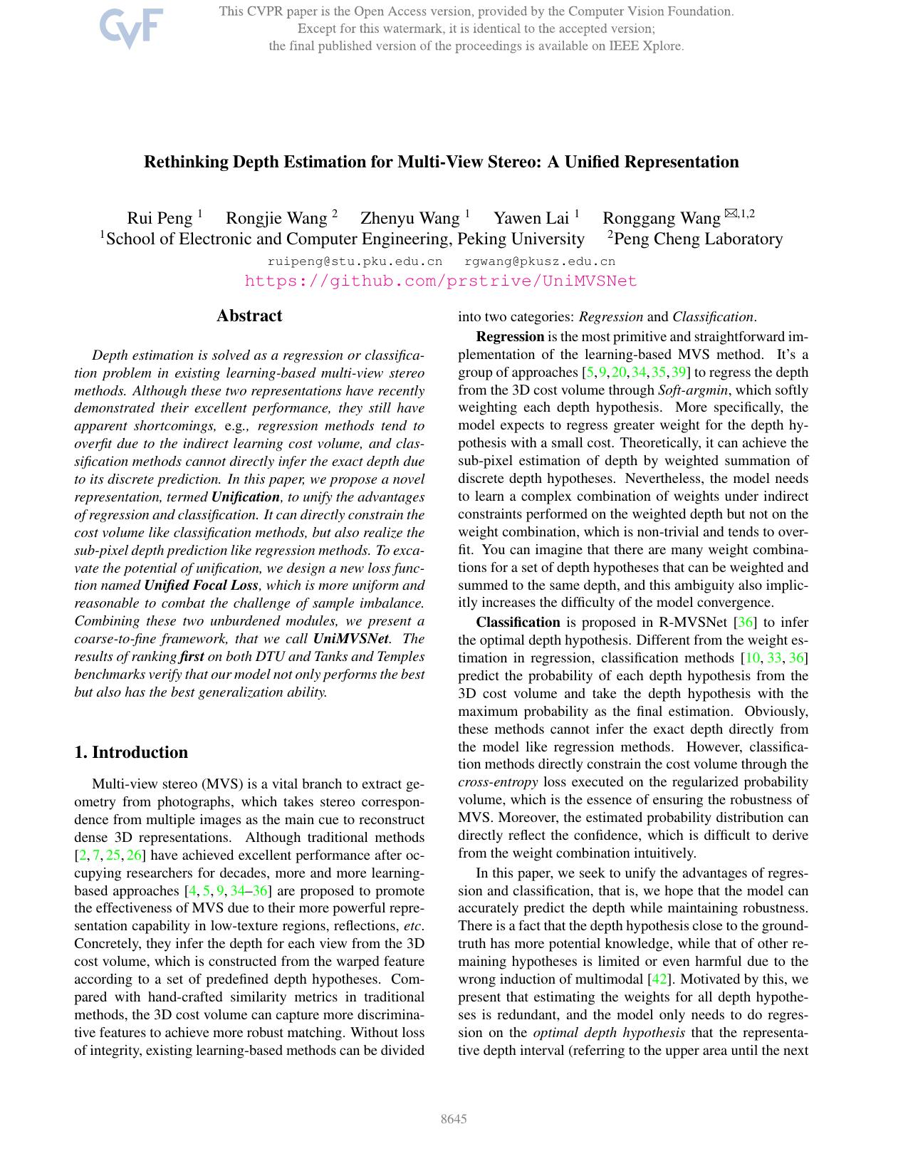Rethinking Depth Estimation for Multi-View Stereo: A Unified Representation by Rui Peng & Rongjie Wang & Zhenyu Wang & Yawen Lai & Ronggang Wang