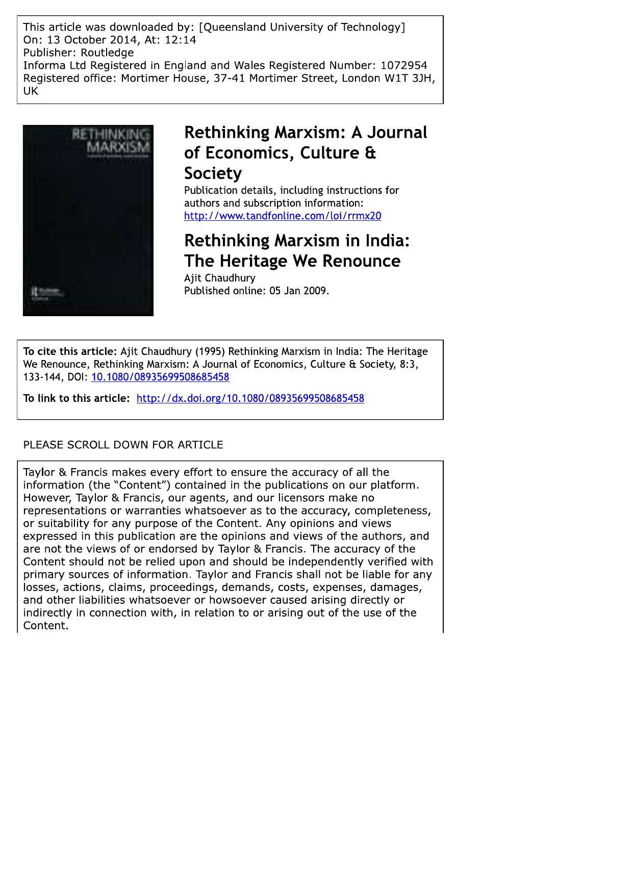Rethinking Marxism in India - The heritage we renounce by Ajit Chaudhury