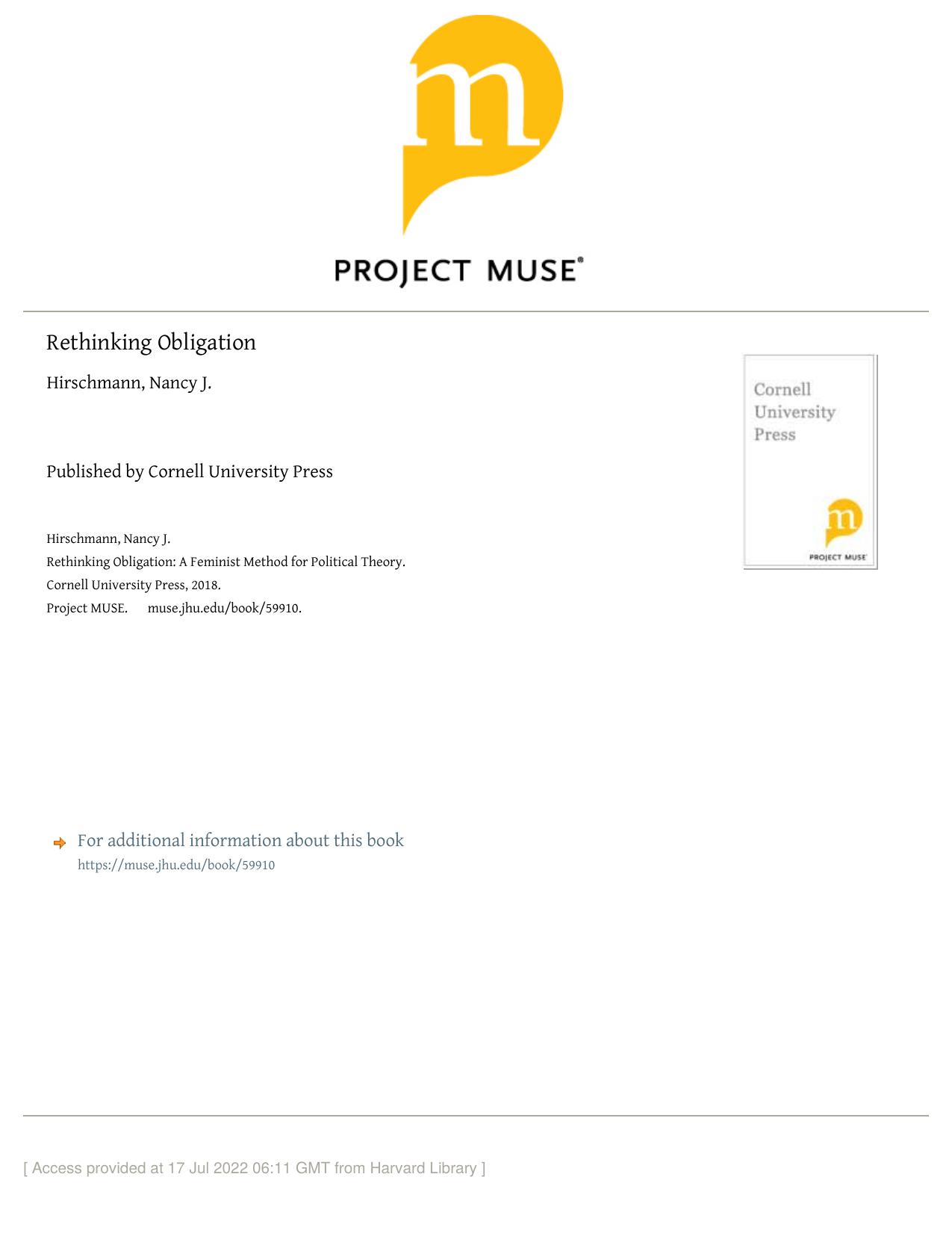 Rethinking Obligation: A Feminist Method for Political Theory by Nancy Hirschmann