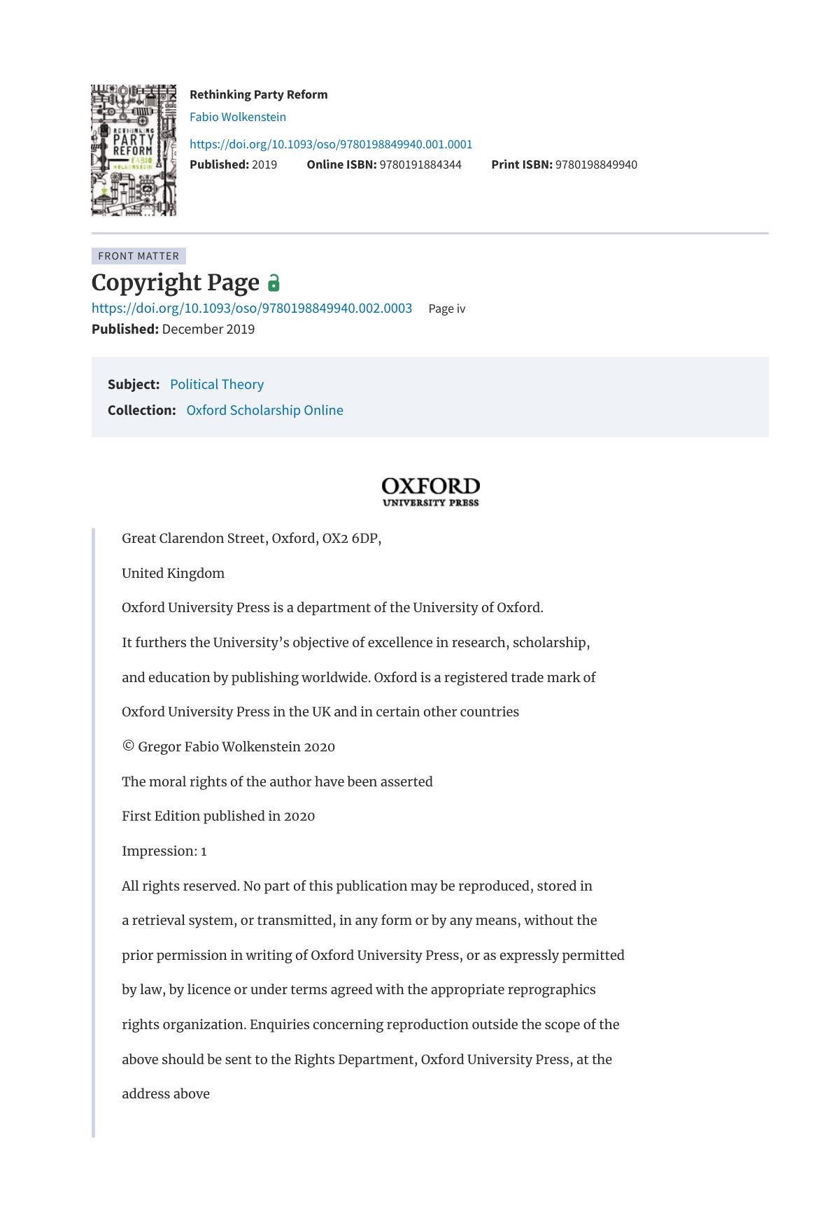 Rethinking Party Reform by Fabio Wolkenstein