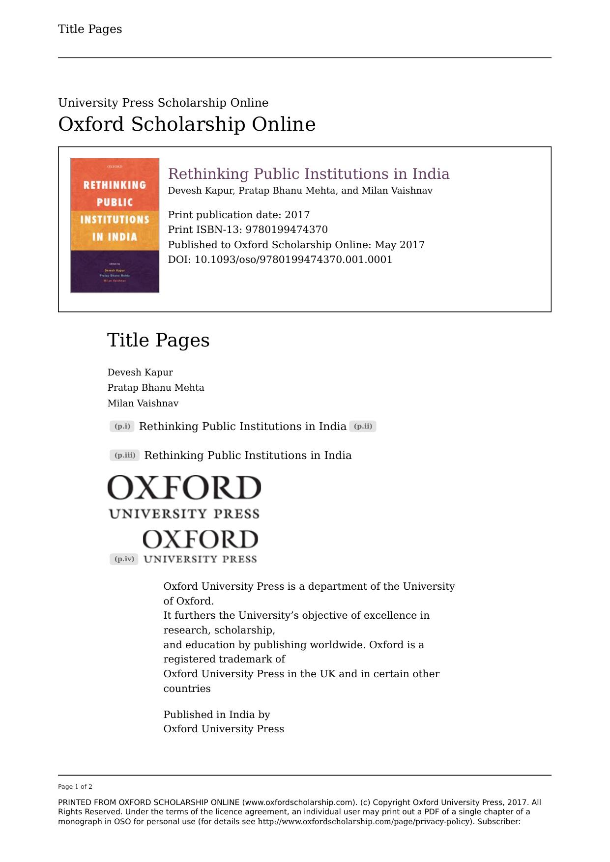 Rethinking Public Institutions in India by Devesh Kapur; Pratap Bhanu Mehta; Milan Vaishnav