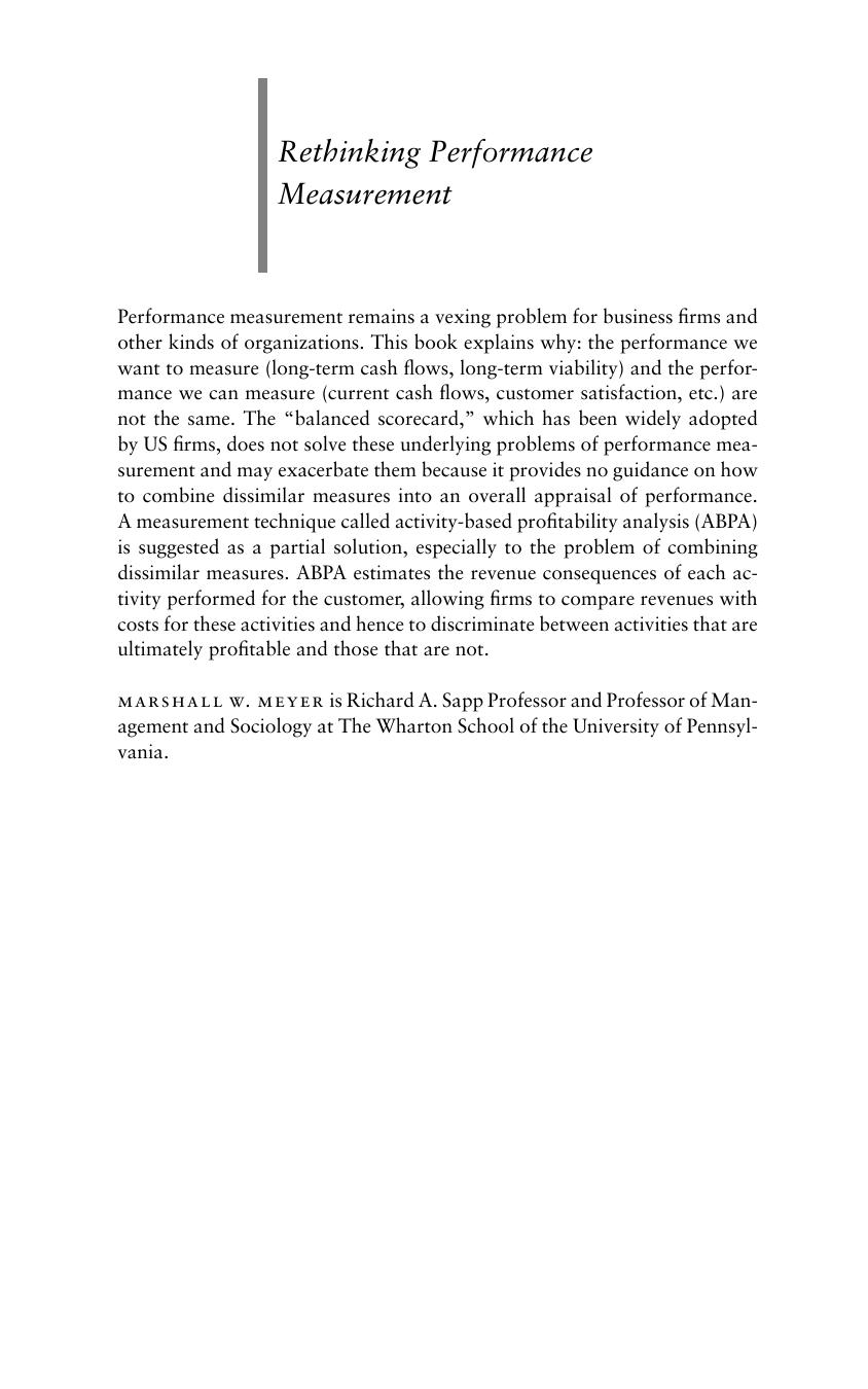 Rethinking performance measurement : beyond the balanced scorecard by Marshall W Meyer