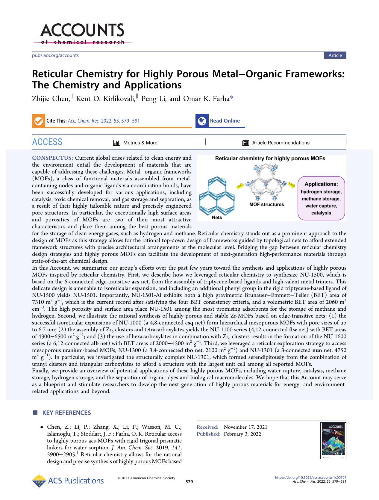 Reticular Chemistry for Highly Porous MetalâOrganic Frameworks: The Chemistry and Applications by Zhijie Chen Kent O. Kirlikovali Peng Li and Omar K. Farha