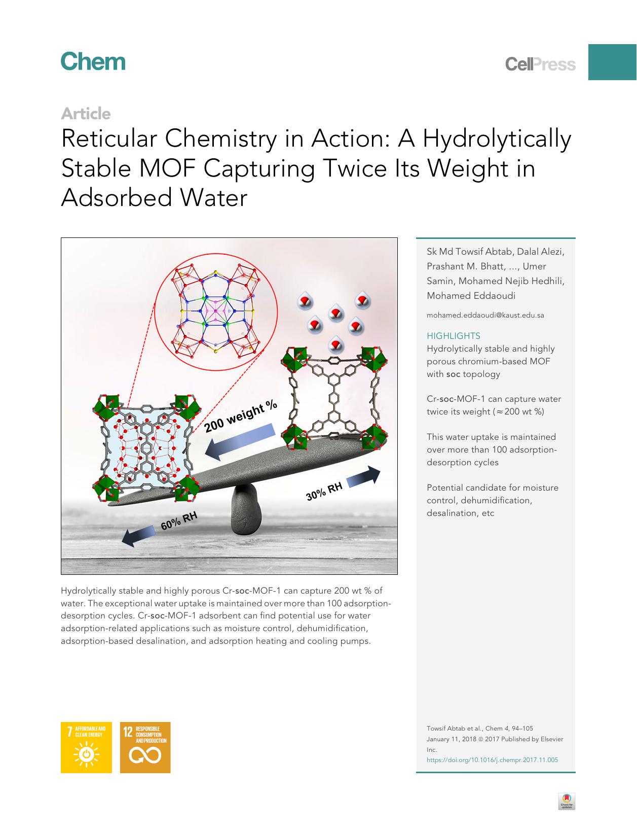 Reticular Chemistry in Action: A Hydrolytically Stable MOF Capturing Twice Its Weight in Adsorbed Water by unknow