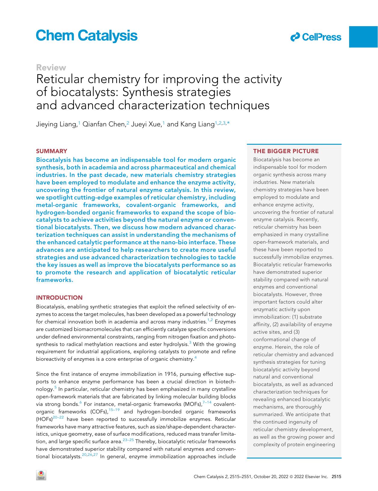 Reticular chemistry for improving the activity of biocatalysts: Synthesis strategies and advanced characterization techniques by Jieying Liang & Qianfan Chen & Jueyi Xue & Kang Liang