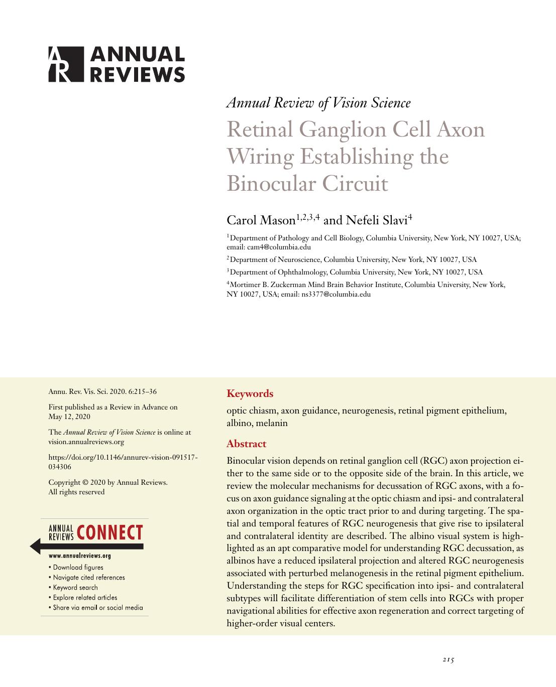 Retinal Ganglion Cell Axon Wiring Establishing the Binocular Circuit by Carol Mason and Nefeli Slavi