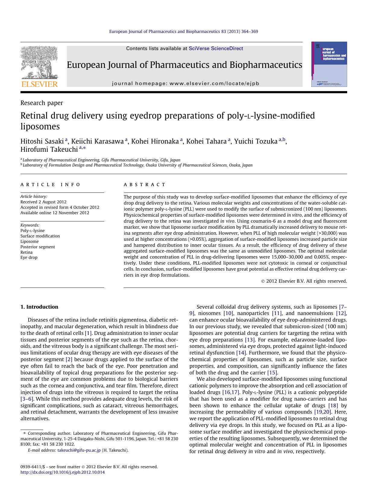 Retinal drug delivery using eyedrop preparations of poly-l-lysine-modified liposomes by unknow