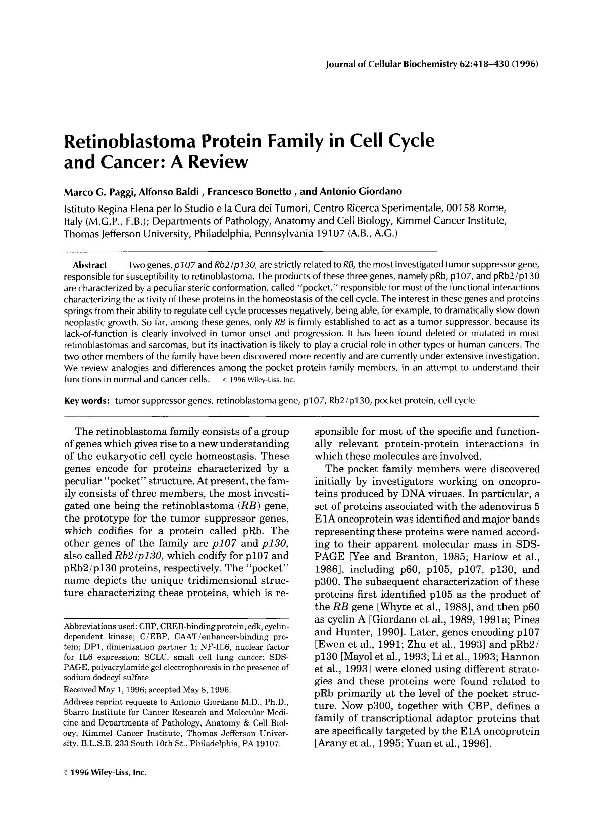 Retinoblastoma protein family in cell cycle and cancer: A review by Unknown