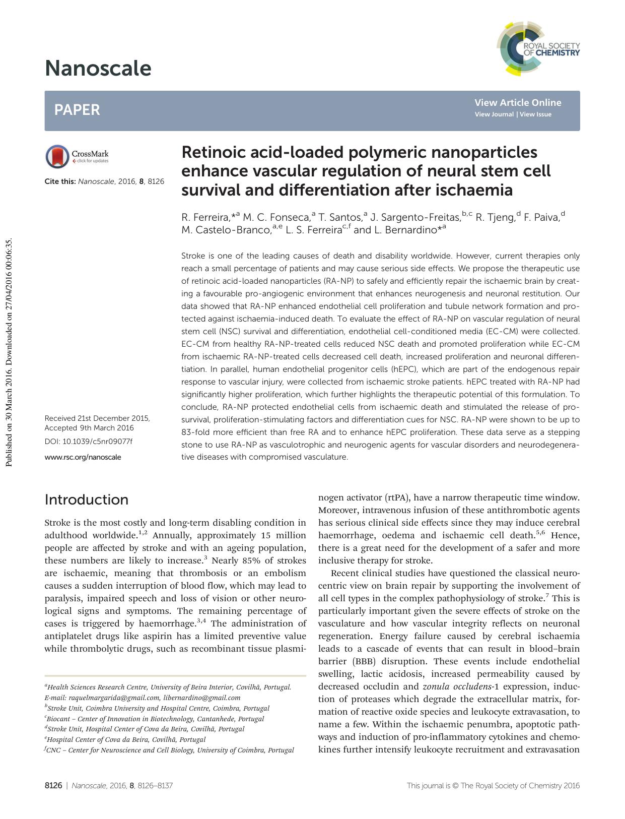 Retinoic acid-loaded polymeric nanoparticles enhance vascular regulation of neural stem cell survival and differentiation after ischaemia by unknow