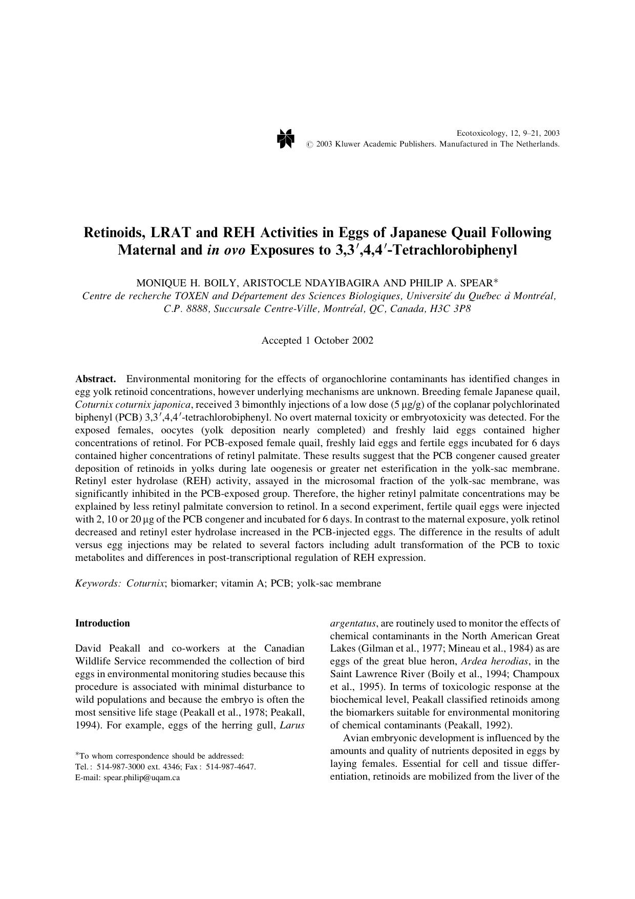 Retinoids, LRAT and REH Activities in Eggs of Japanese Quail Following Maternal and <Emphasis Type="Italic">in ovo<Emphasis> Exposures to 3,3&#x2032;,4,4&#x2032;-Tetrachlorobiphenyl by Unknown