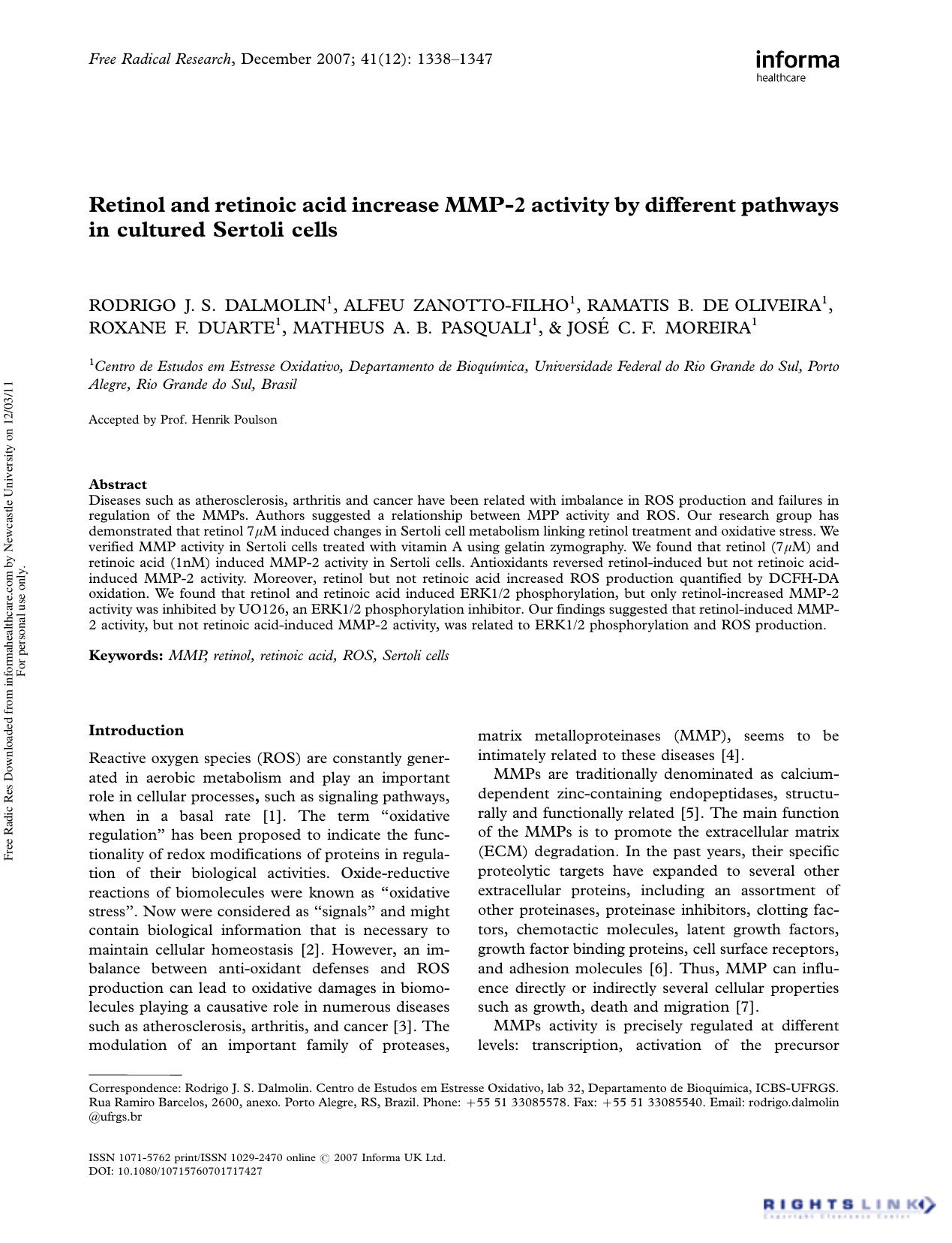 Retinol and retinoic acid increase MMP-2 activity by different pathways in cultured Sertoli cells by unknow