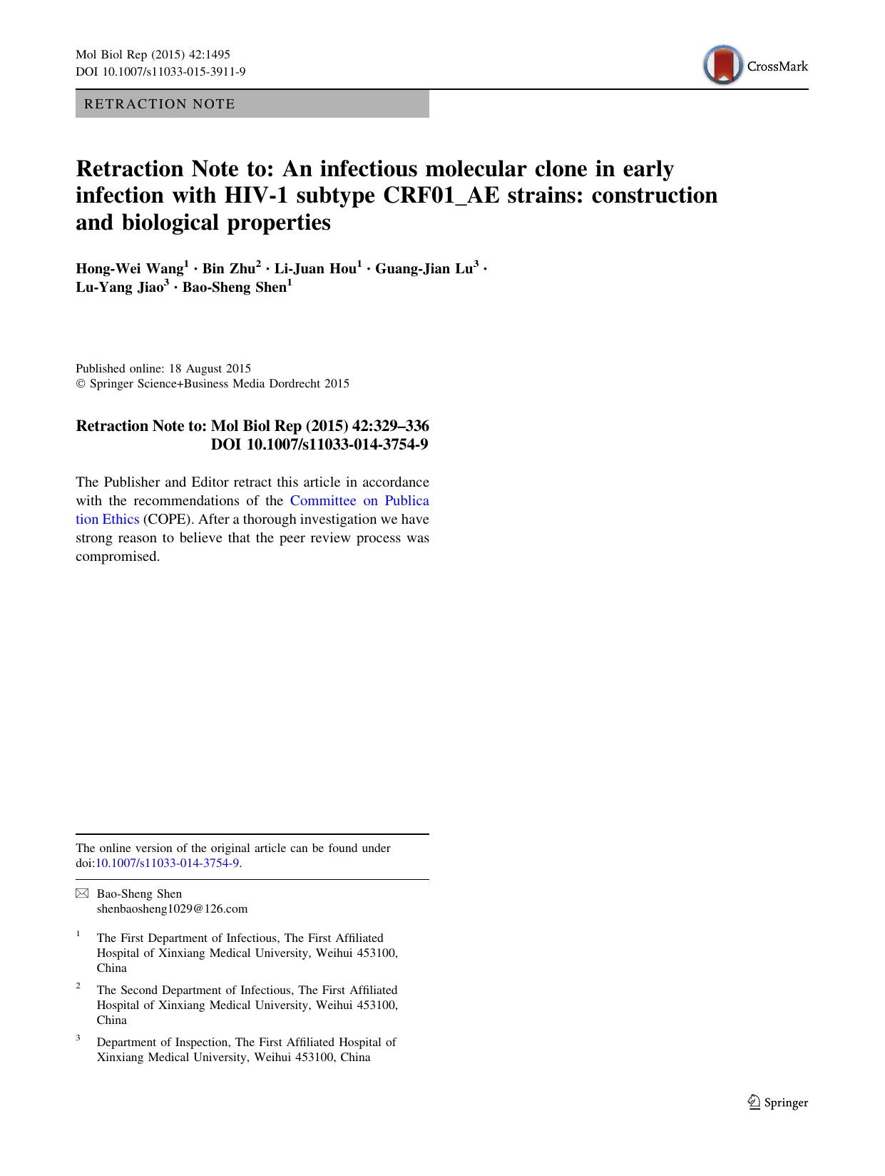 Retraction Note to: An infectious molecular clone in early infection with HIV-1 subtype CRF01_AE strains: construction and biological properties by Hong-Wei Wang & Bin Zhu & Li-Juan Hou & Guang-Jian Lu & Lu-Yang Jiao & Bao-Sheng Shen