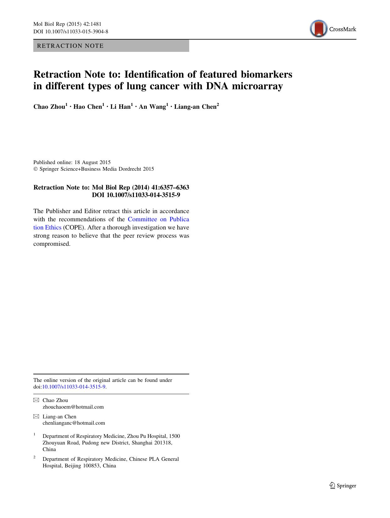 Retraction Note to: Identification of featured biomarkers in different types of lung cancer with DNA microarray by Chao Zhou & Hao Chen & Li Han & An Wang & Liang-an Chen