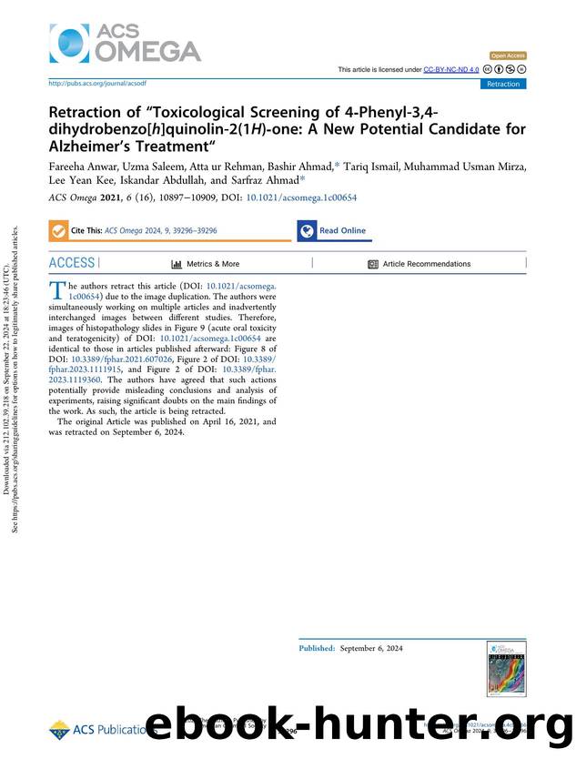Retraction of âToxicological Screening of 4-Phenyl-3,4-dihydrobenzo[h]quinolin-2(1H)-one: A New Potential Candidate for Alzheimerâs Treatmentâ by unknow