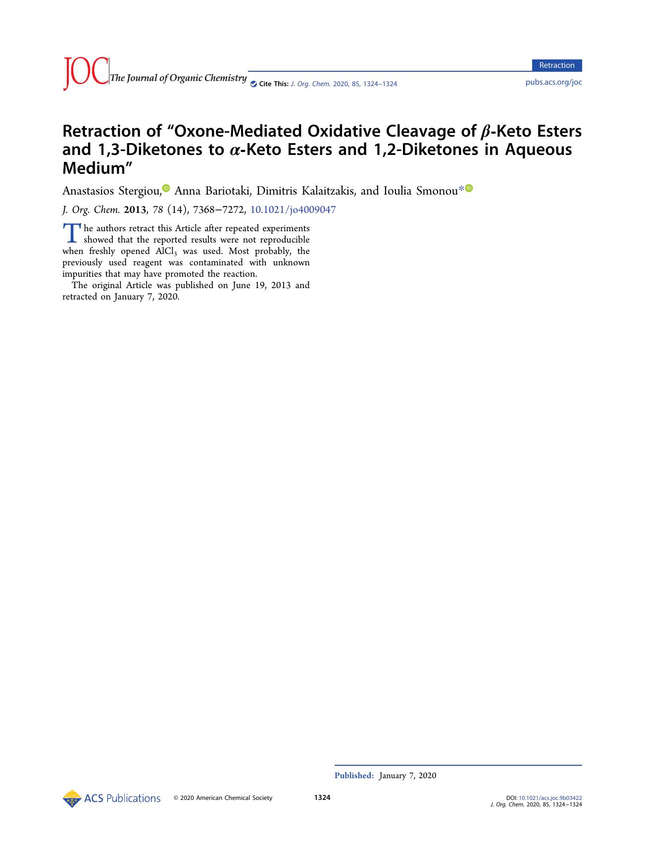 Retraction of “Oxone-Mediated Oxidative Cleavage of β-Keto Esters and 1,3-Diketones to α-Keto Esters and 1,2-Diketones in Aqueous Medium” by unknow