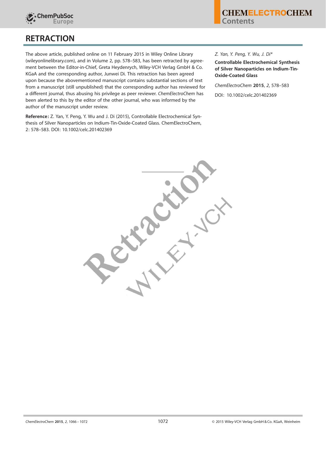 Retraction: Controllable Electrochemical Synthesis of Silver Nanoparticles on IndiumTinOxideCoated Glass by Unknown