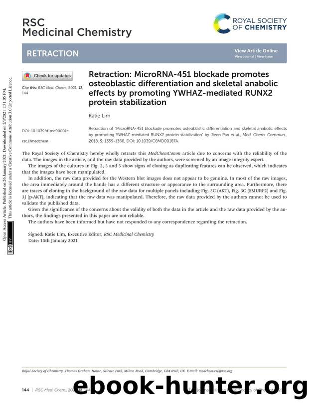 Retraction: MicroRNA-451 blockade promotes osteoblastic differentiation and skeletal anabolic effects by promoting YWHAZ-mediated RUNX2 protein stabilization by Katie Lim