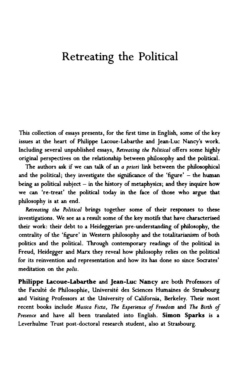 Retreating the Political by Philipe Lacoue-Labarthe Jean-Luc Nancy Simon Sparks