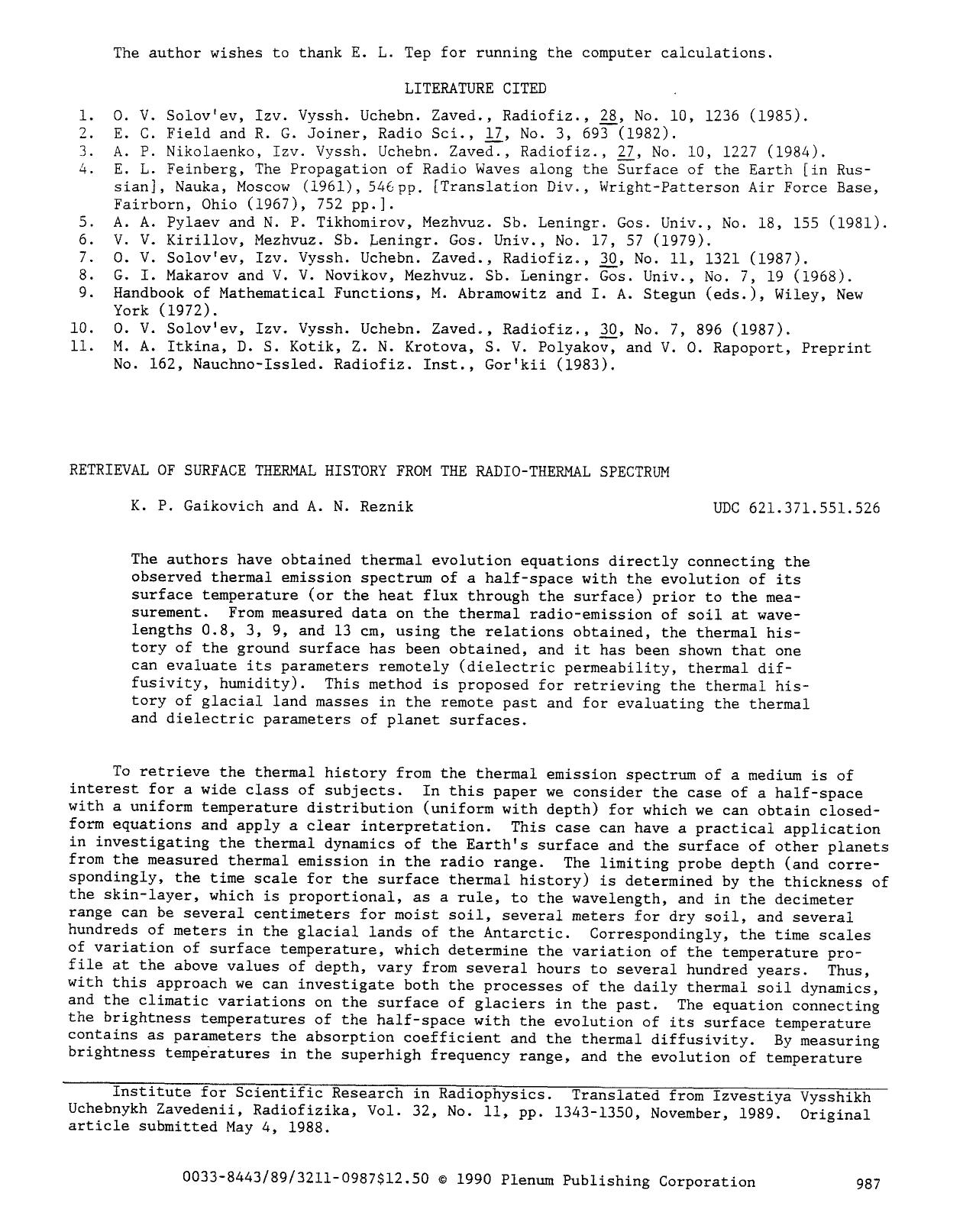 Retrieval of surface thermal history from the radio-thermal spectrum by Unknown