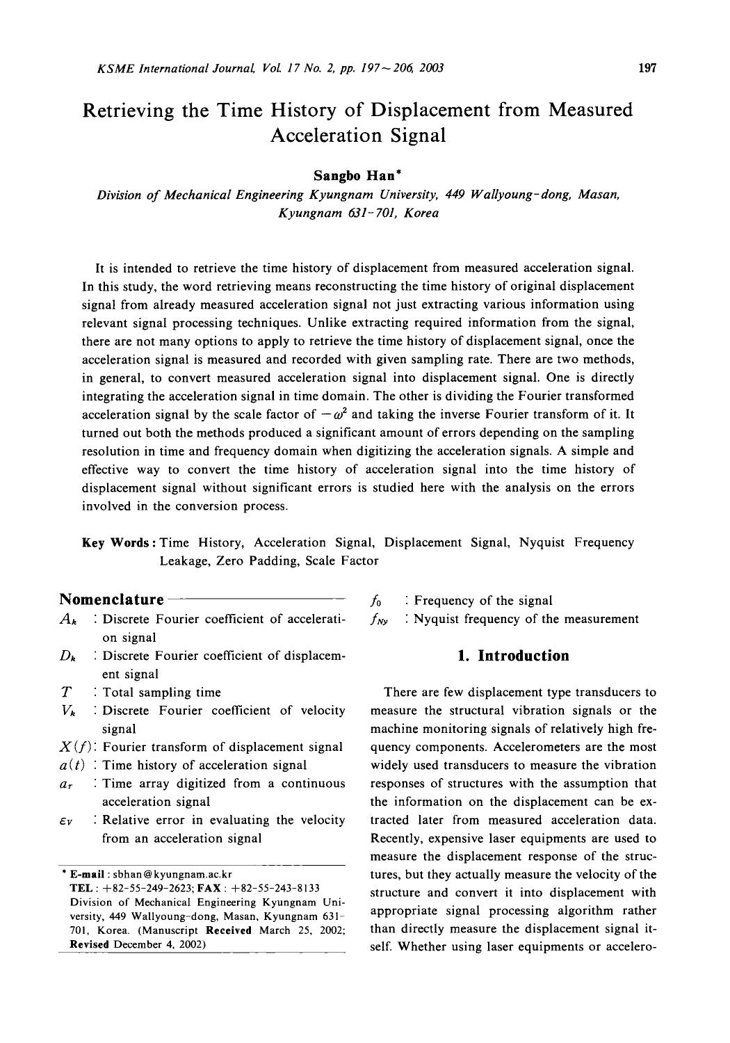 Retrieving the time history of displacement from measured acceleration signal by Unknown