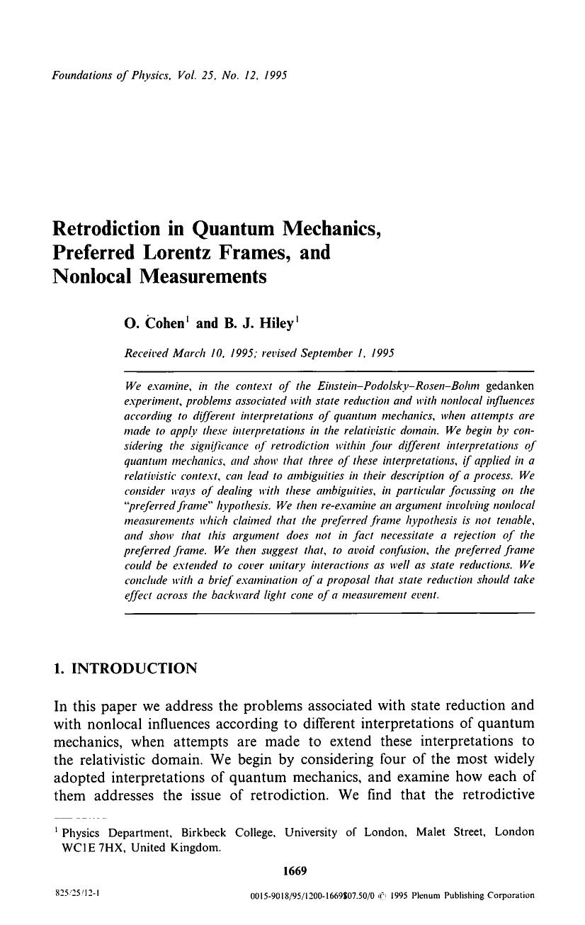 Retrodiction in quantum mechanics, preferred Lorentz frames, and nonlocal measurements by Unknown