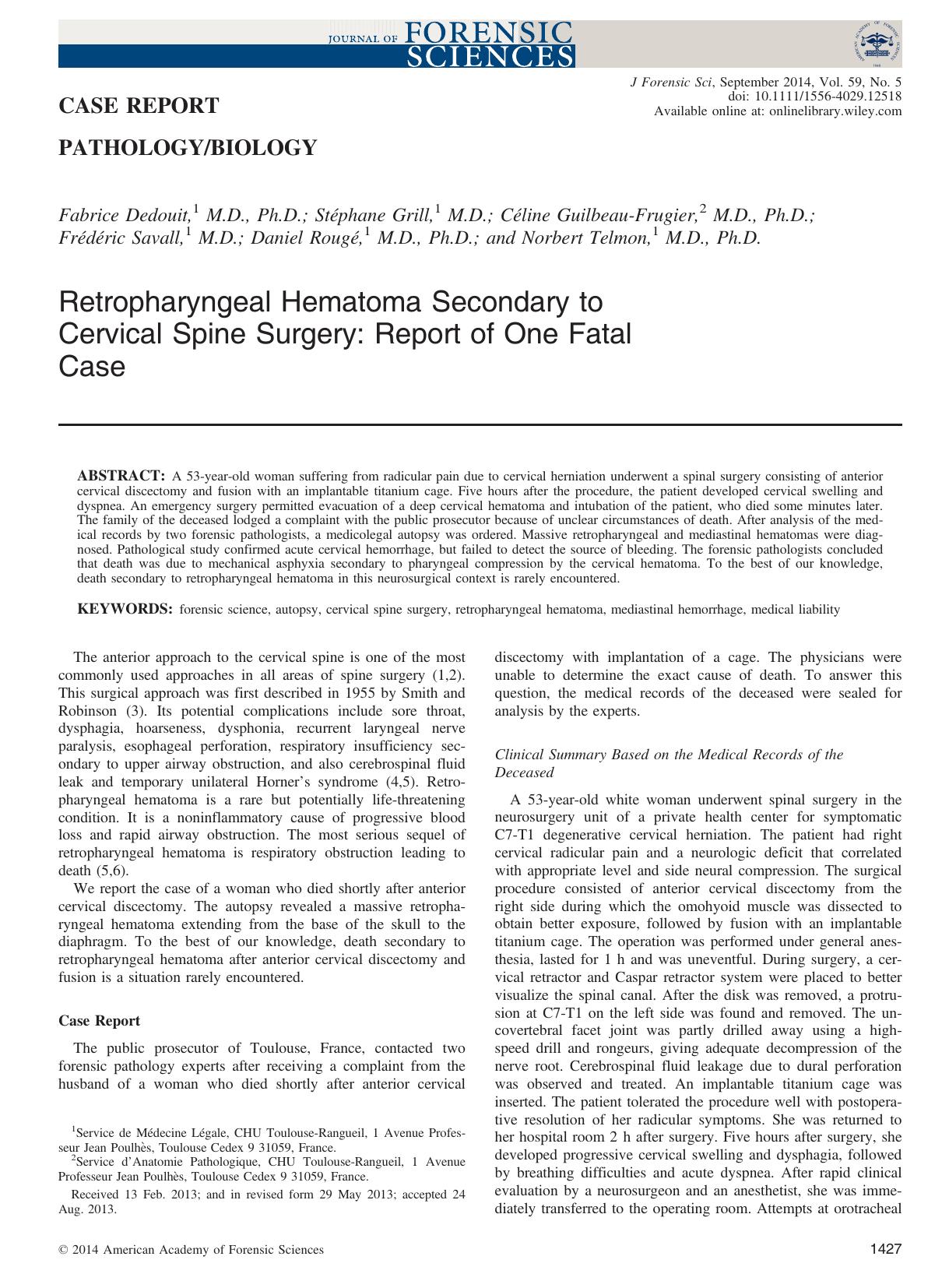 Retropharyngeal Hematoma Secondary to Cervical Spine Surgery: Report of One Fatal Case by Unknown