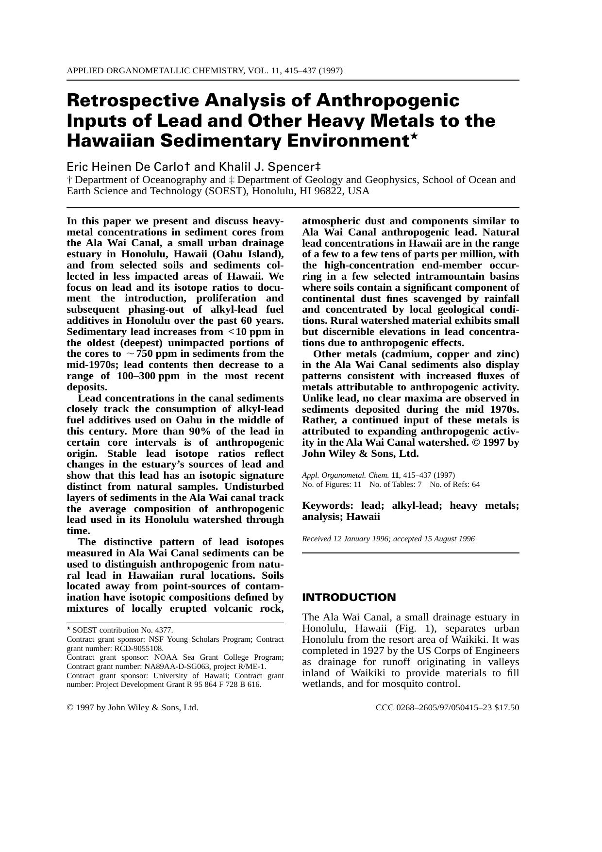 Retrospective Analysis of Anthropogenic Inputs of Lead and Other Heavy Metals to the Hawaiian Sedimentary Environment by Unknown