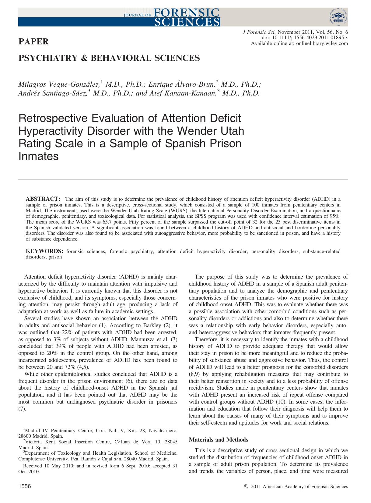 Retrospective Evaluation of Attention Deficit Hyperactivity Disorder with the Wender Utah Rating Scale in a Sample of Spanish Prison Inmates by Unknown