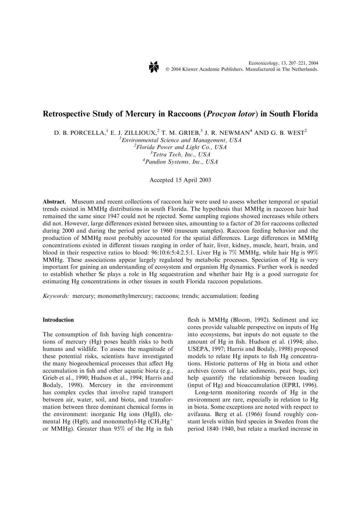 Retrospective Study of Mercury in Raccoons (<Emphasis Type="Italic">Procyon lotor<Emphasis>) in South Florida by Unknown