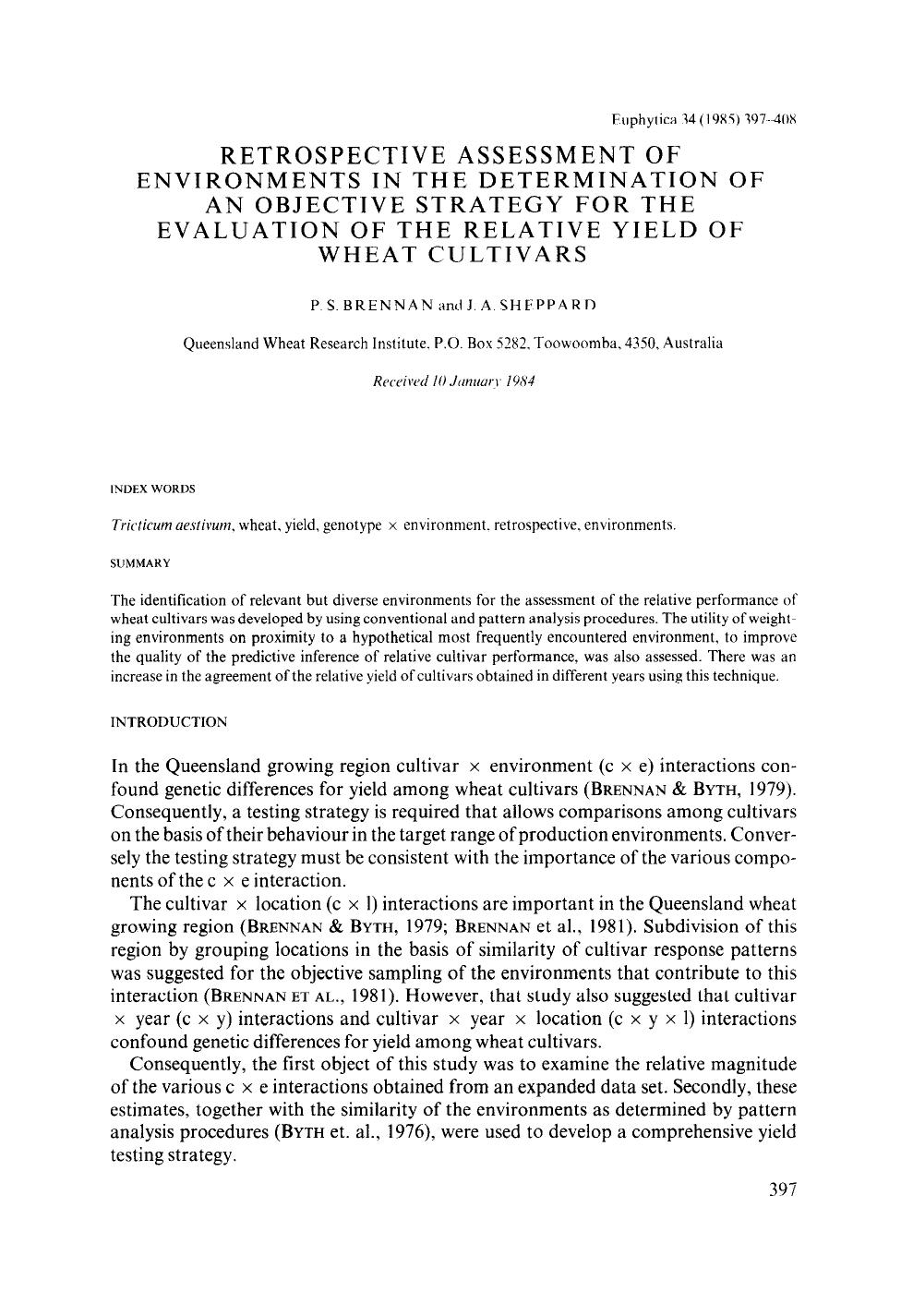 Retrospective assessment of environments in the determination of an objective strategy for the evaluation of the relative yield of wheat cultivars by Unknown