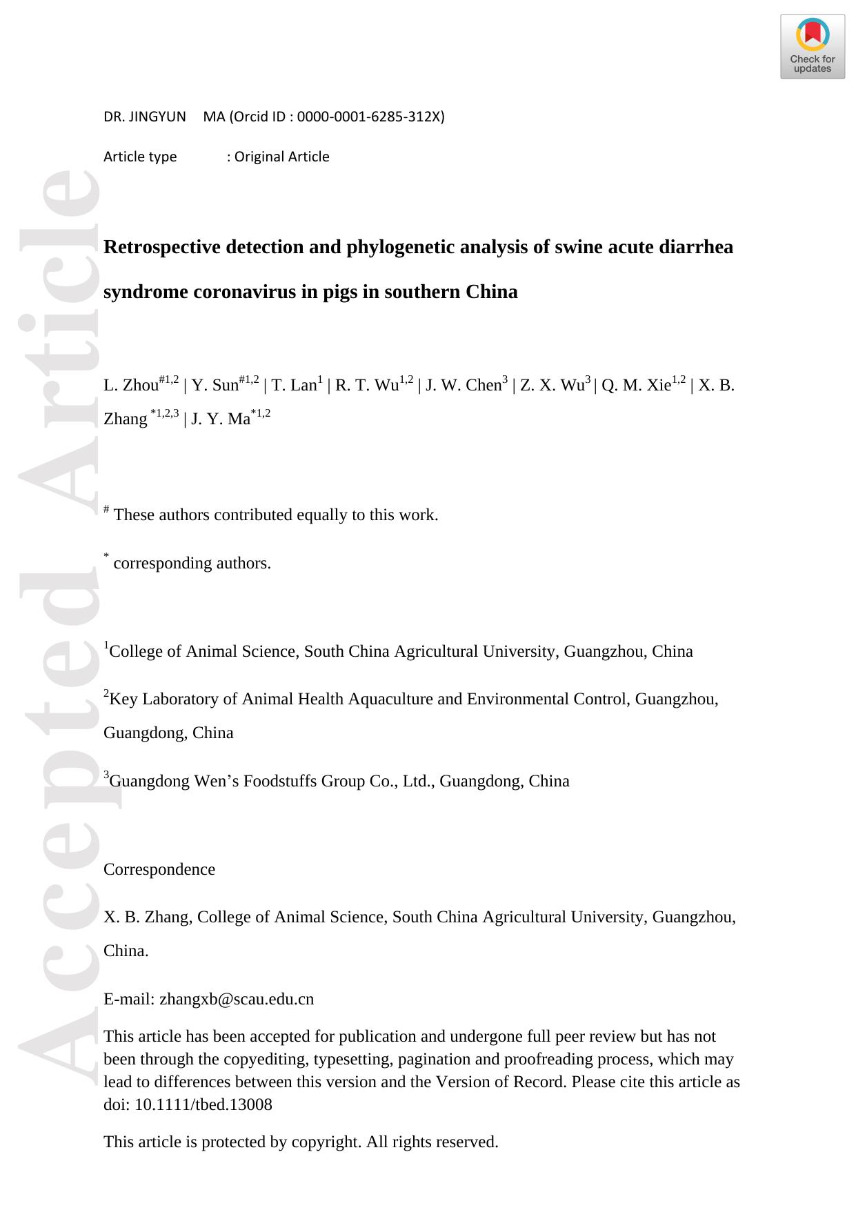 Retrospective detection and phylogenetic analysis of swine acute diarrhea syndrome coronavirus in pigs in southern China by Unknown