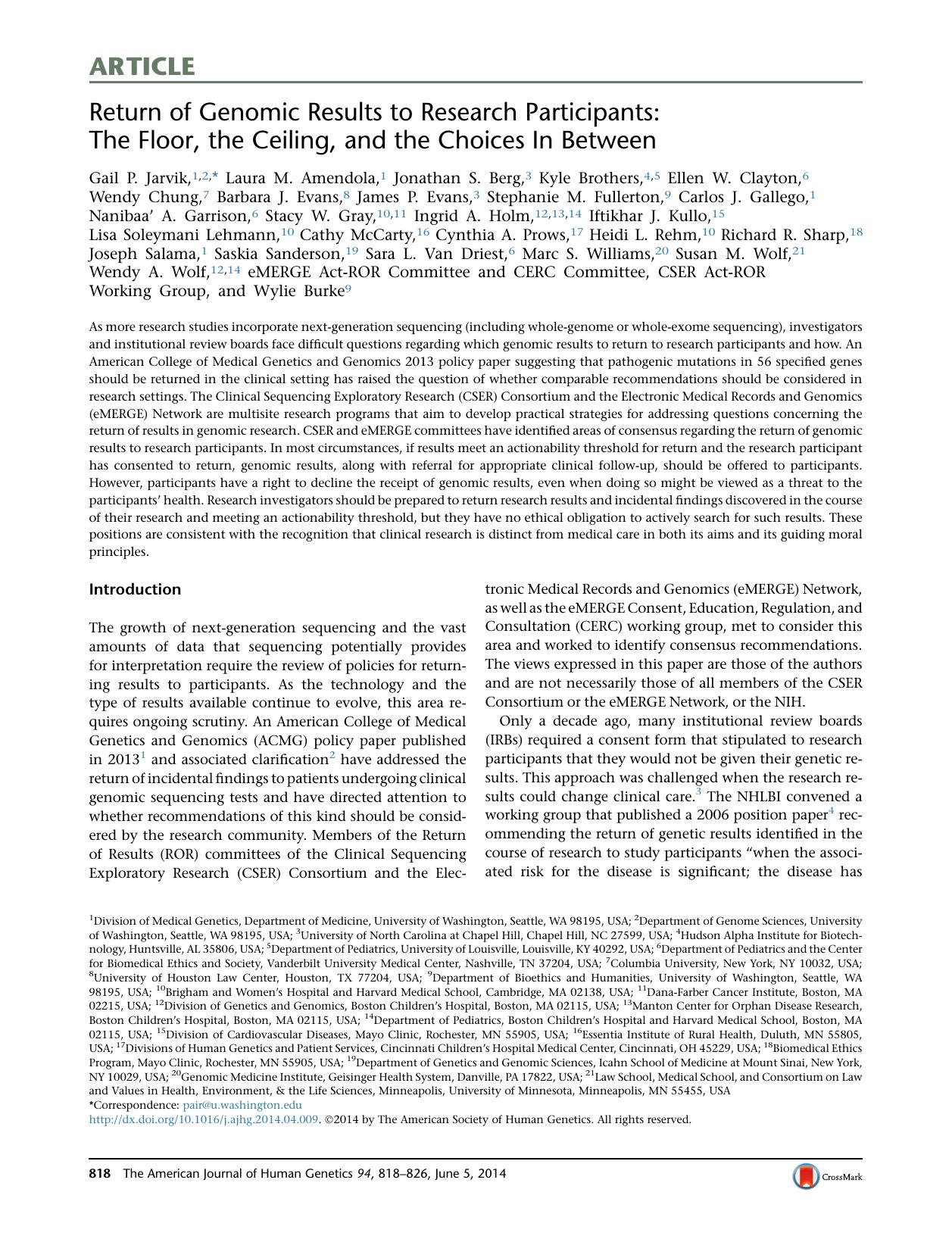 Return of Genomic Results to Research Participants: The Floor, the Ceiling, and the Choices In Between by unknow