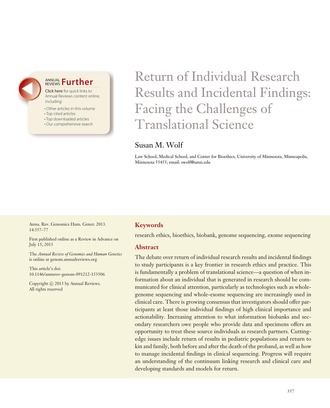 Return of Individual Research Results and Incidental Findings: Facing the Challenges of Translational Science by Susan M. Wolf