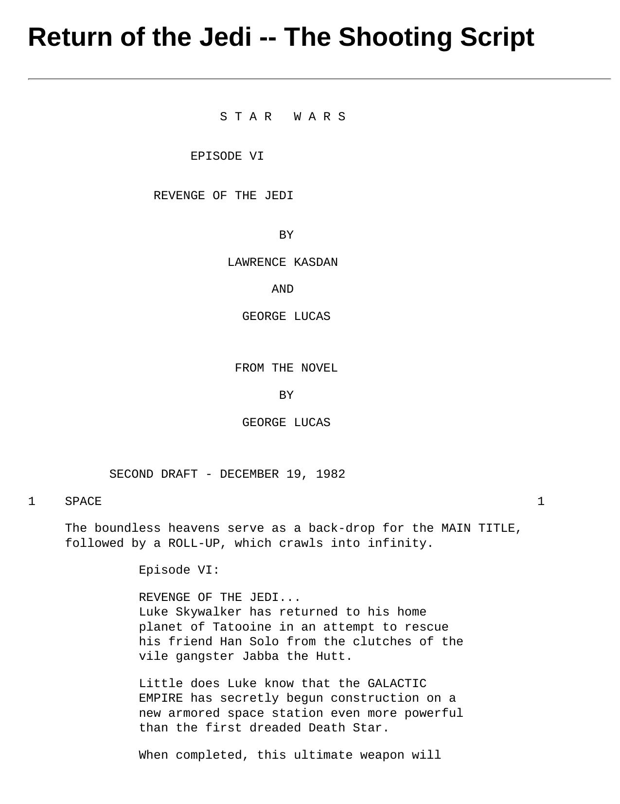 Return of the Jedi -- Shooting Script by RETURN OF THE JEDI (1983) Lawrence Kasdan & George Lucas