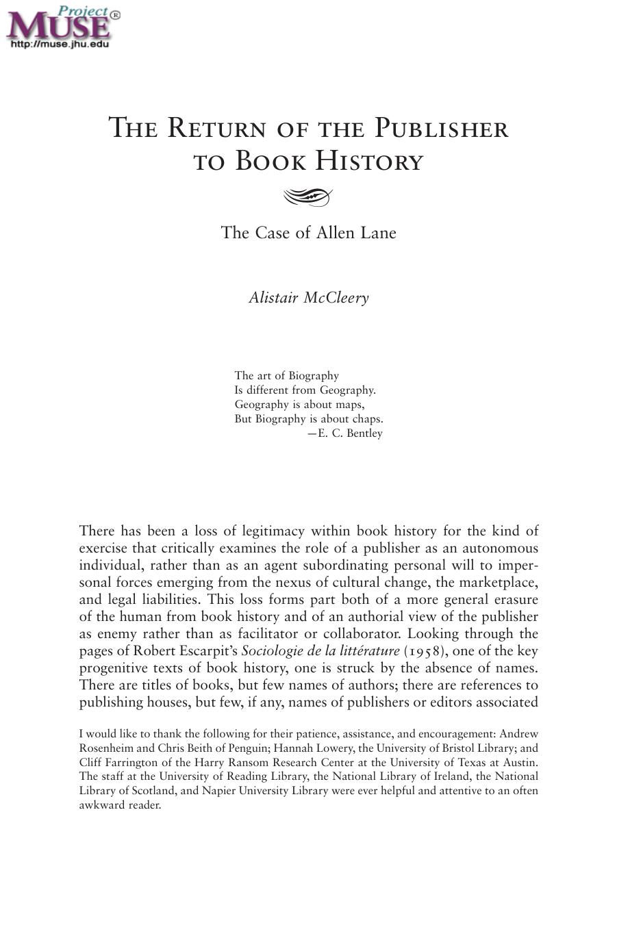 Return of the Publisher to Book History: The Case of Allen Lane by Alistair McCleery