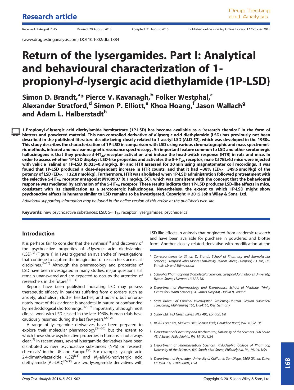 Return of the lysergamides. Part I: Analytical and behavioural characterization of 1-propionyl-d-lysergic acid diethylamide (1P-LSD) by unknow