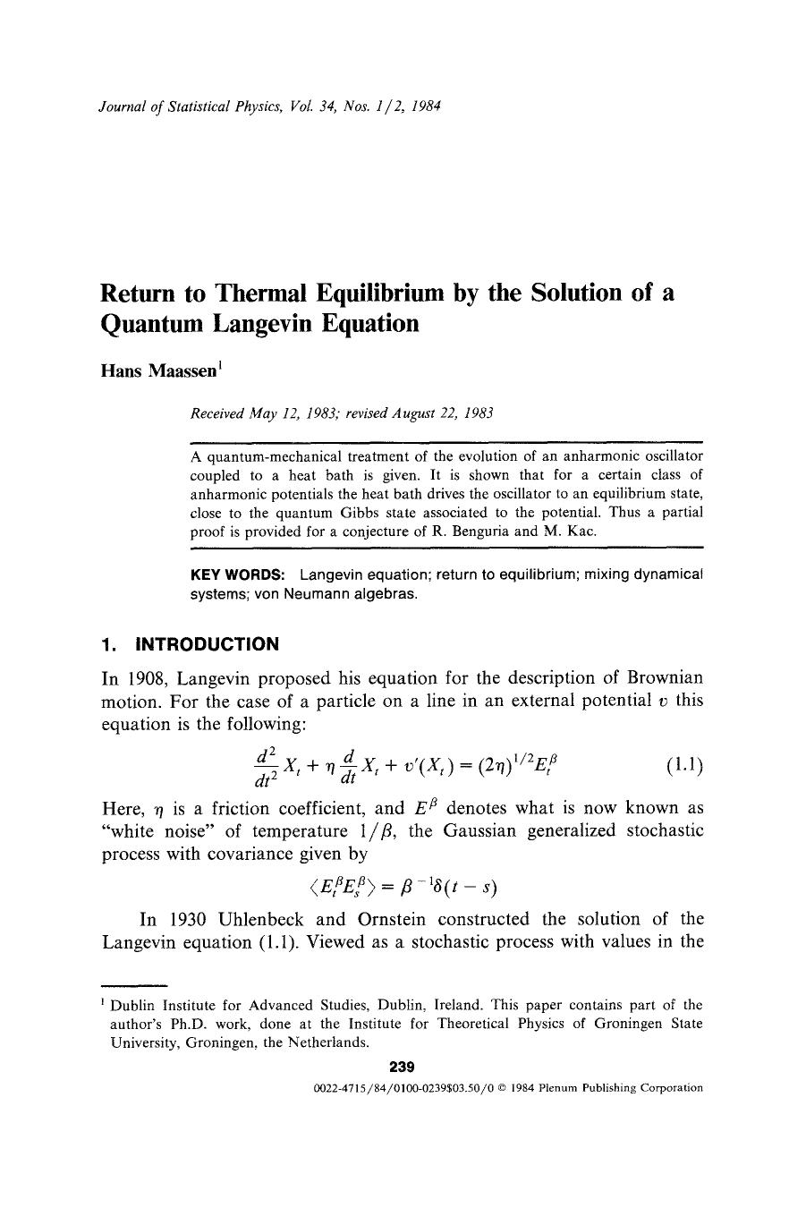 Return to thermal equilibrium by the solution of a quantum Langevin equation by Unknown
