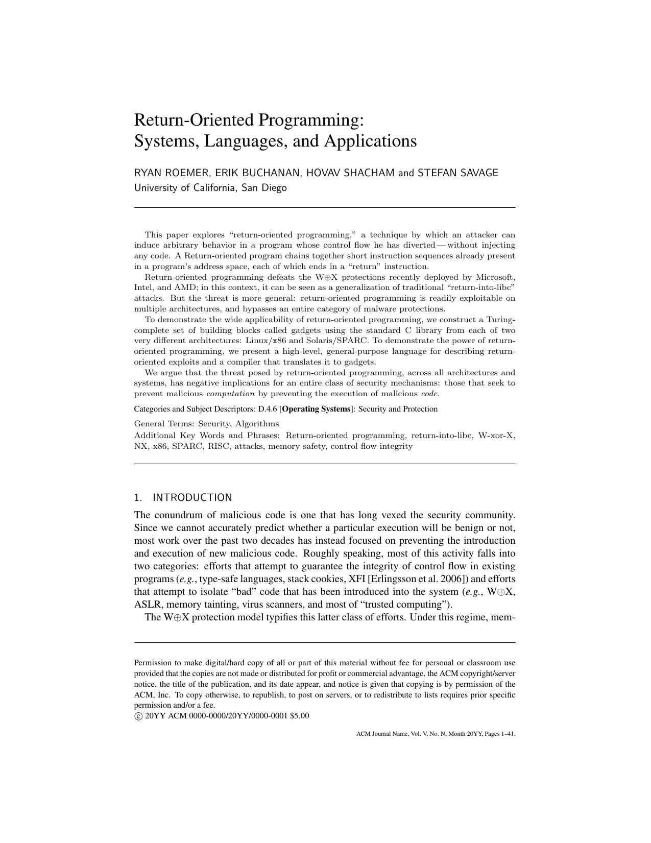 Return-Oriented Programming-Systems Languages and Applications by Unknown