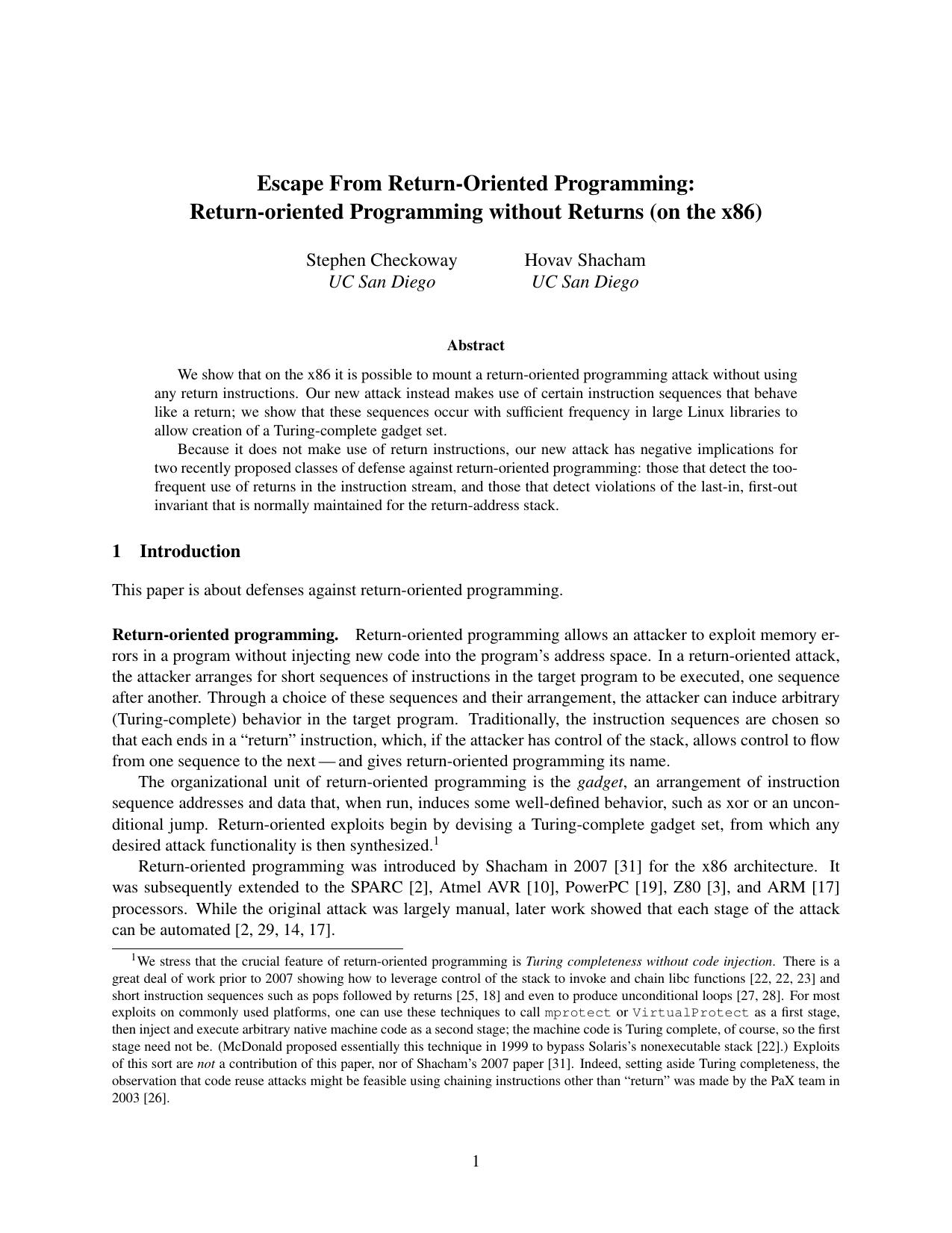 Return-oriented Programming without Returns (on the x86) by Unknown